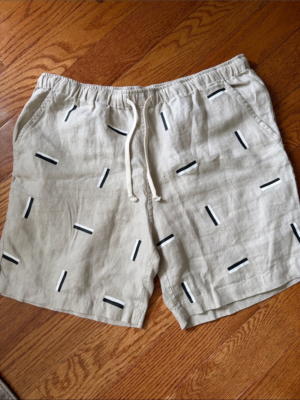 Alex Crane Bo Shorts Mens L Natural Linen Black Dash Print Drawstring Coastal